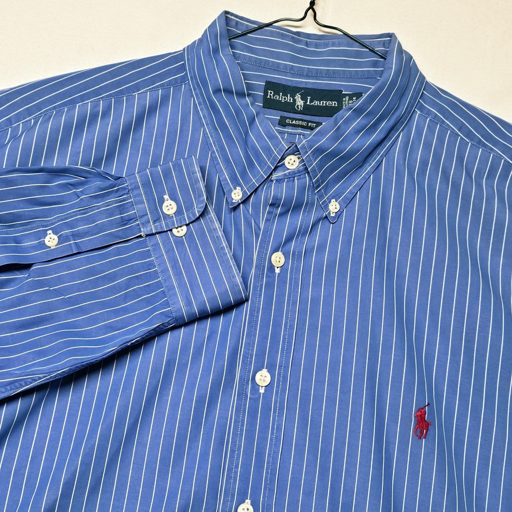 Ralph Lauren Button Down Shirt Mens 18 34/35 Blue White Pinstripe Classic Fit